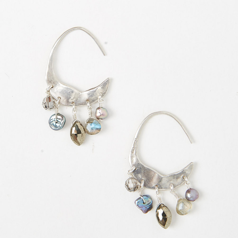 Petite Crescent Grey Pearl And Labradorite Mix Silver Hoop Earrings